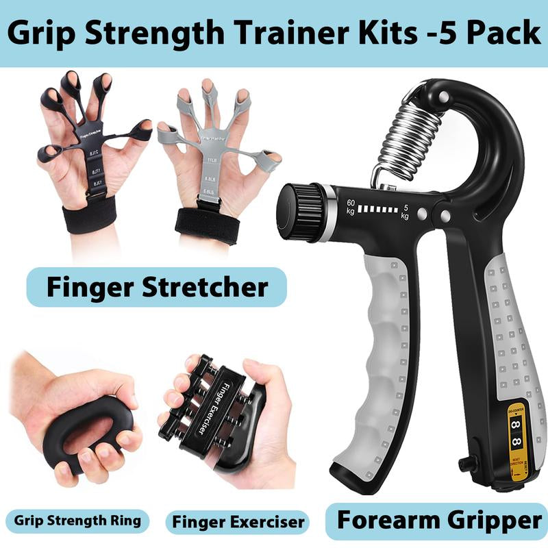 Grip Strength Trainer 5Pcs-Hand Grip Strengthener Kit with Adjustable Forearm Gripper, Finger Exerciser, Finger Stretchers, Hand Workout Ring-Hand Exerciser for Muscle Building, Physical Therapy and Rehabilitation Training Equipment Handgrip