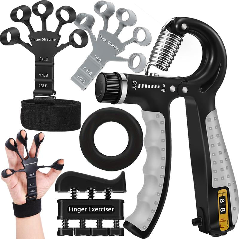 Grip Strength Trainer 5Pcs-Hand Grip Strengthener Kit with Adjustable Forearm Gripper, Finger Exerciser, Finger Stretchers, Hand Workout Ring-Hand Exerciser for Muscle Building, Physical Therapy and Rehabilitation Training Equipment Handgrip